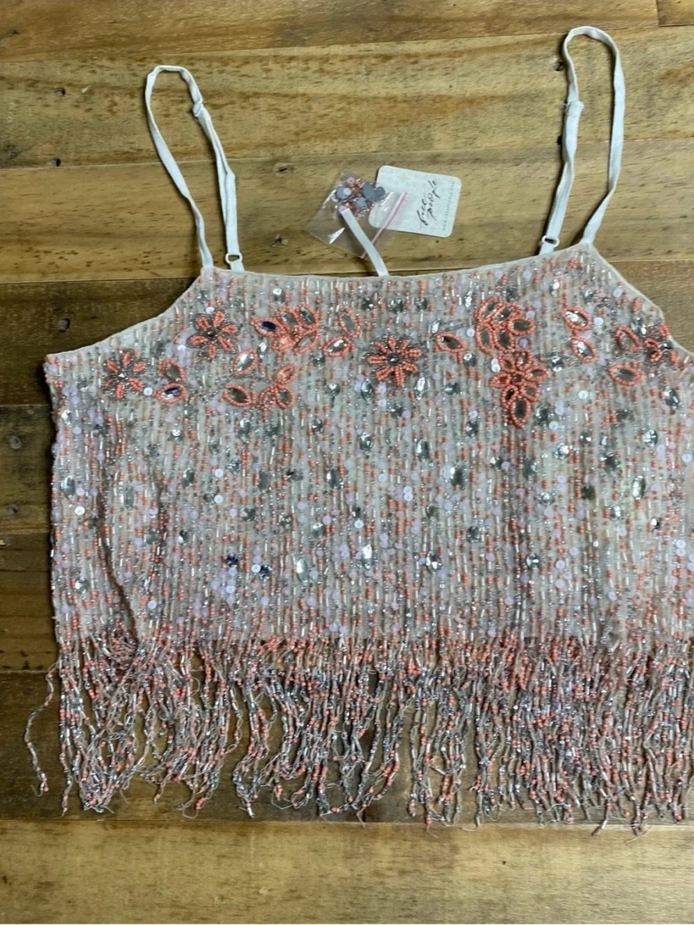 Free People Juliet Beaded Fringe Cami Top in Coral Pink